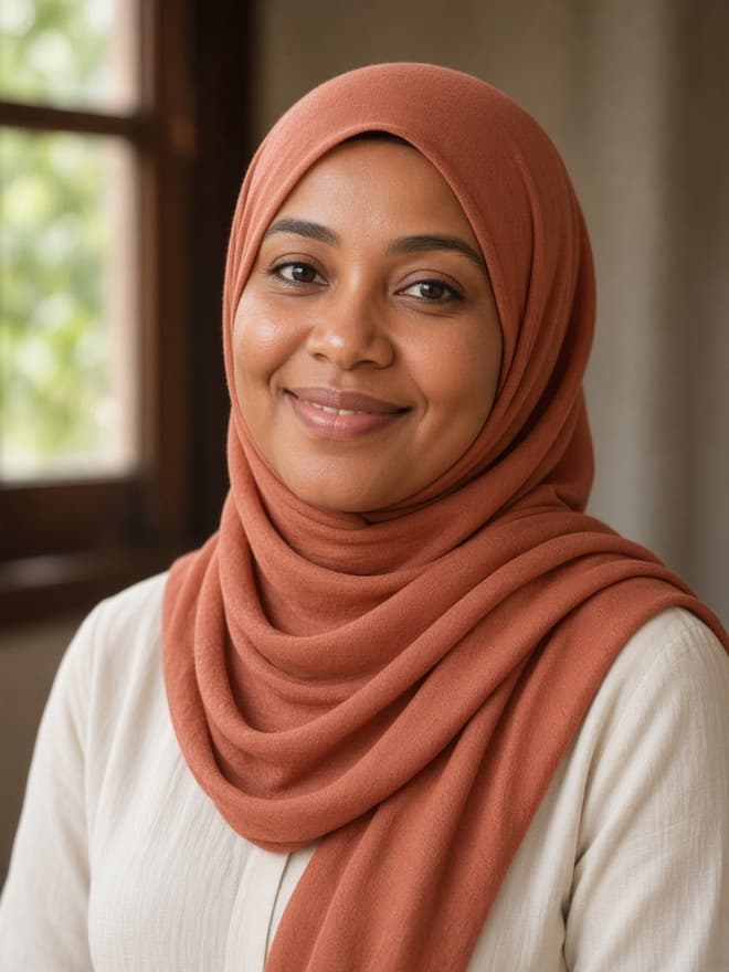 Portrait of a woman in a hijab representing a member who has paid