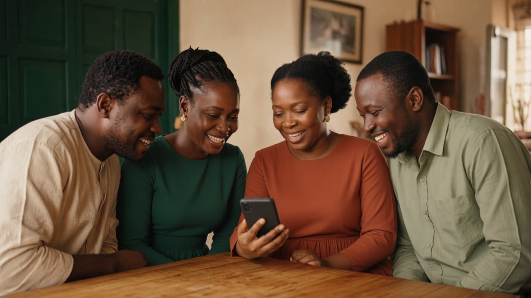 Friends around a table looking at a phone together.